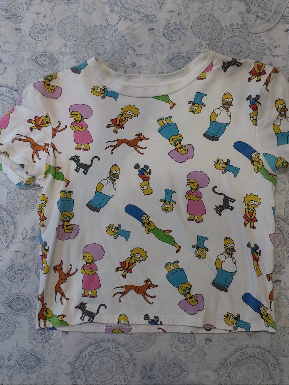 Forever 21 White Cartoon Simpson Print Crop Top with Yellow, Pink, Blue Accents